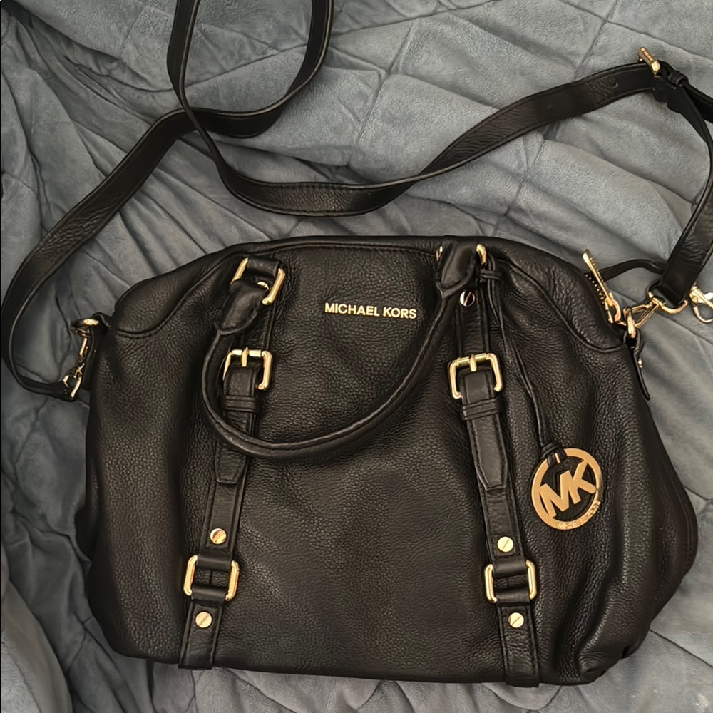 Michael Kors Black Leather Shoulder Bag with Gold Accents